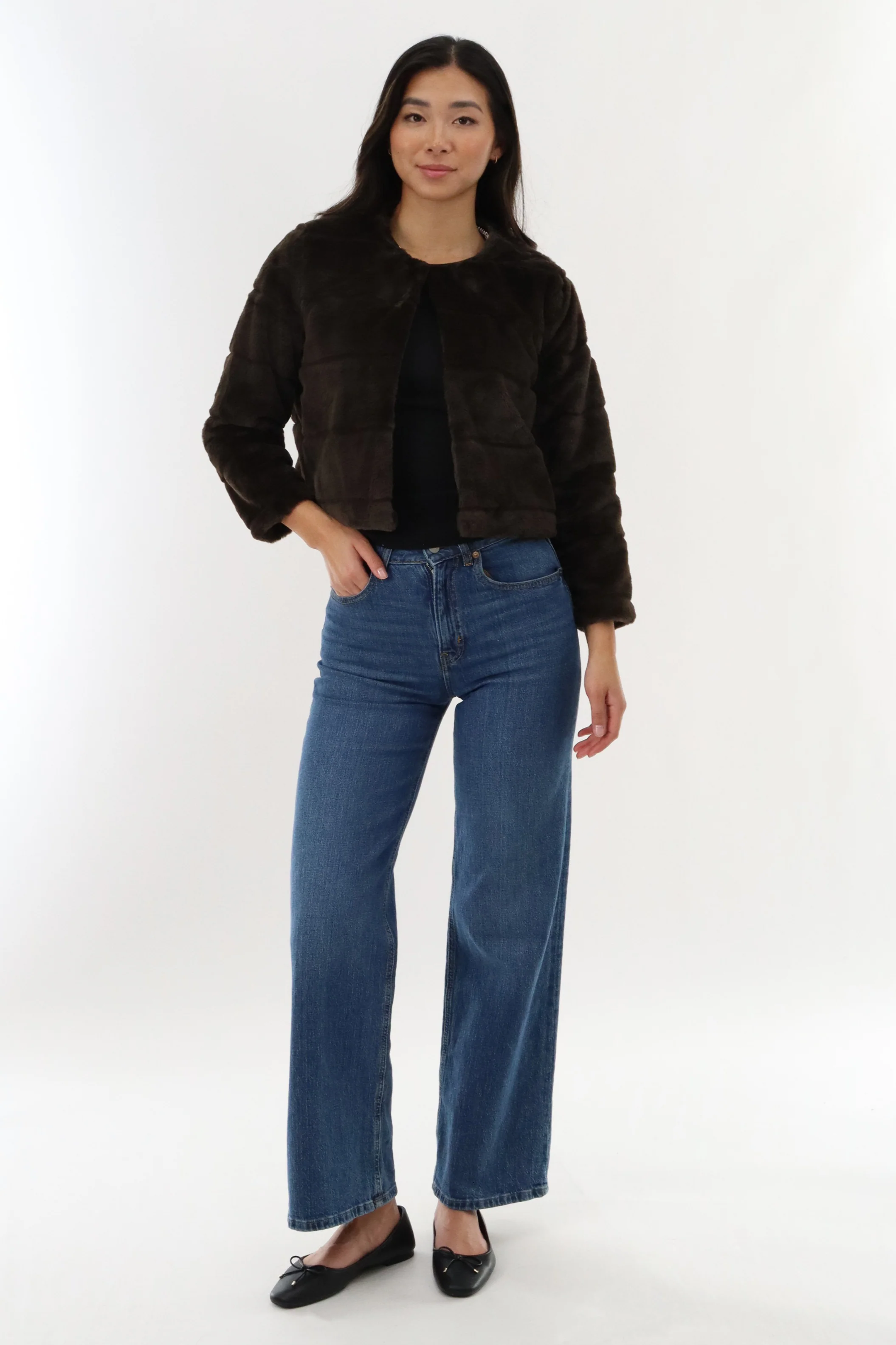 Cropped Faux Fur Lightweight Jacket - Brown - Image 5