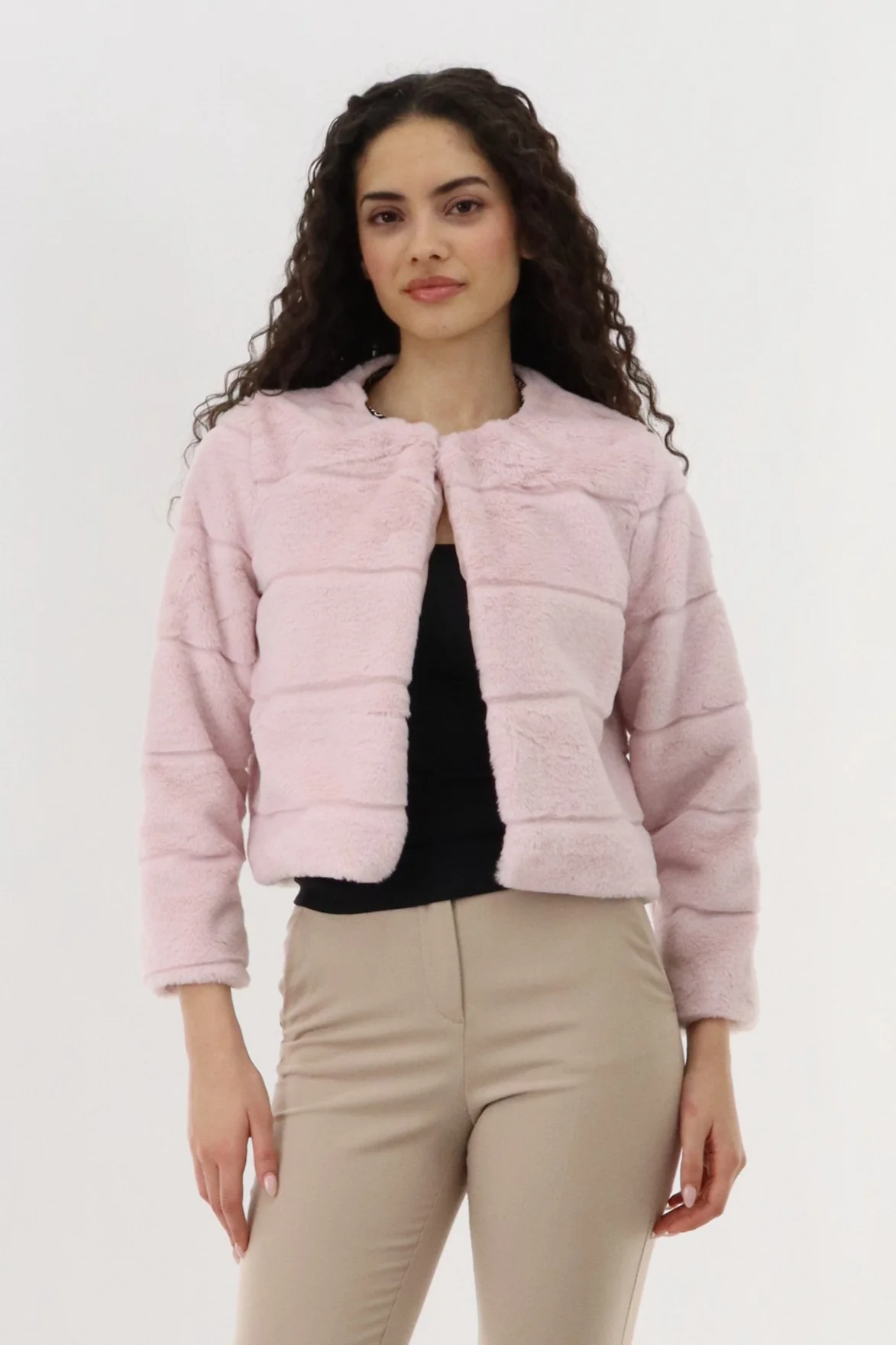 Cropped Faux Fur Lightweight Jacket - Pink