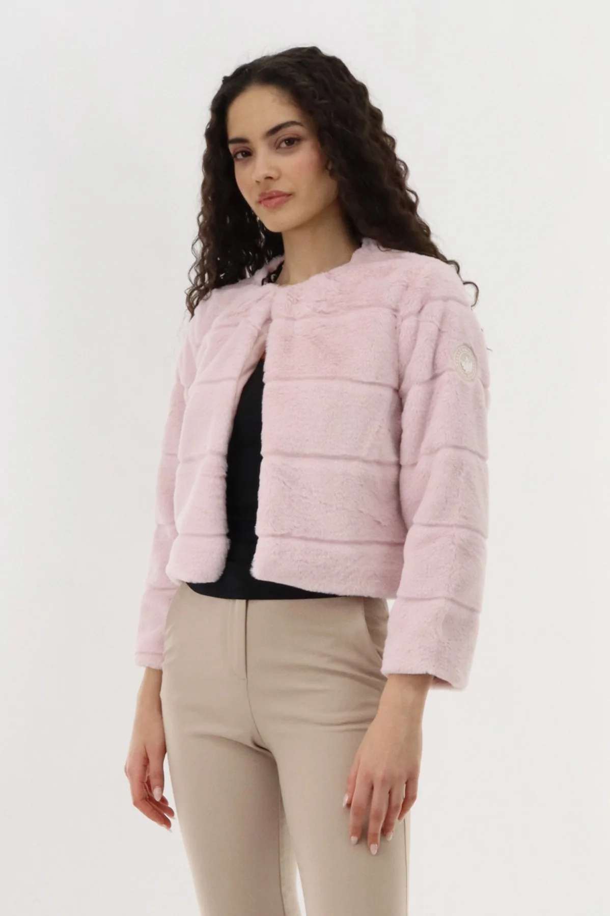 Cropped Faux Fur Lightweight Jacket - Pink - Image 2