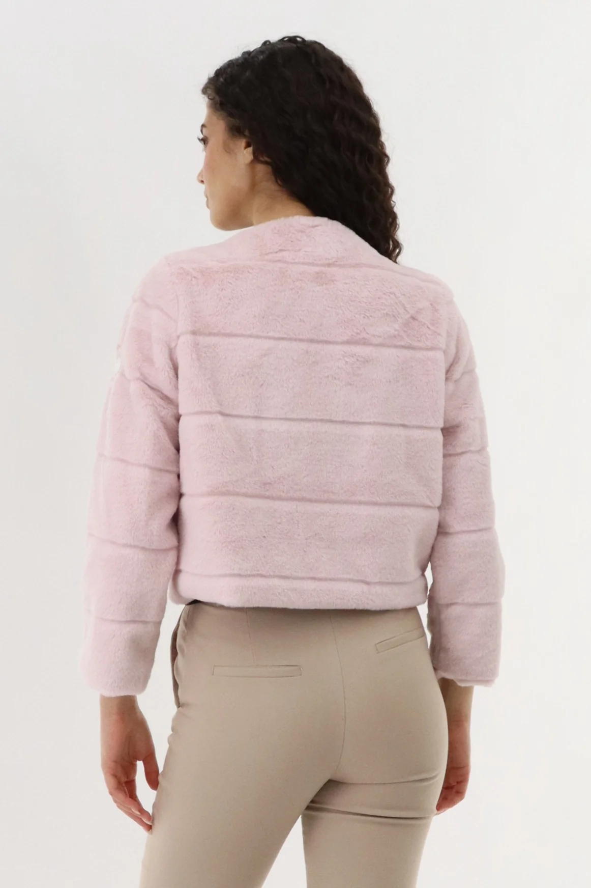 Cropped Faux Fur Lightweight Jacket - Pink - Image 3
