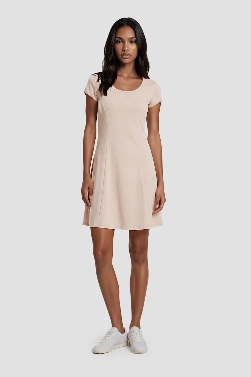 Round Neck Short Dress - Beige