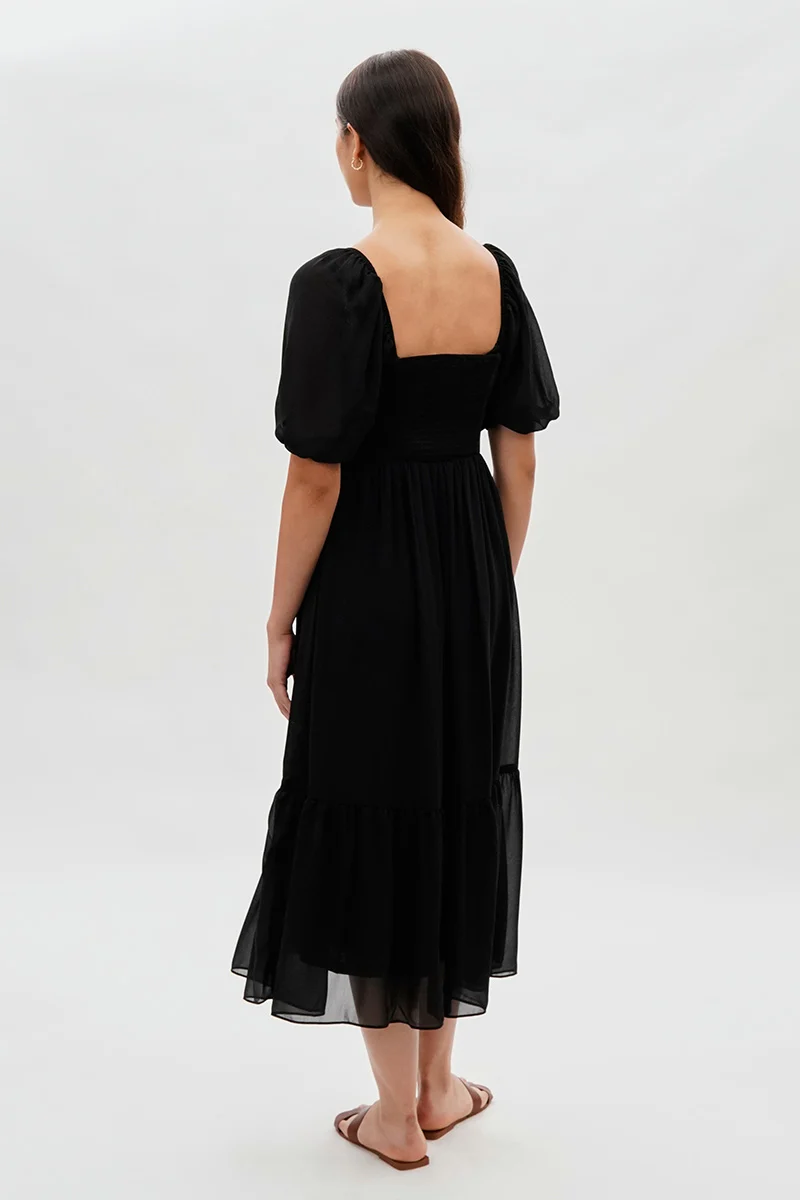 Pleated Puff Sleeve Midi Dress - Black - Image 3