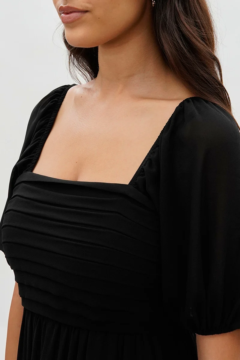 Pleated Puff Sleeve Midi Dress - Black - Image 4