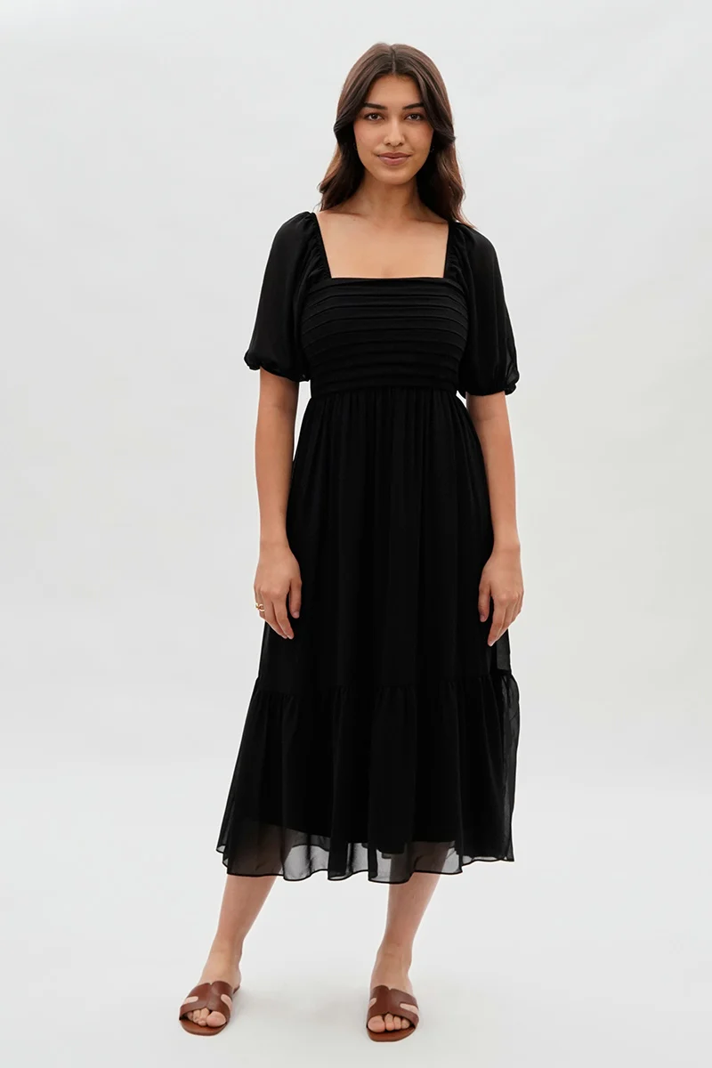 Pleated Puff Sleeve Midi Dress - Black - Image 5