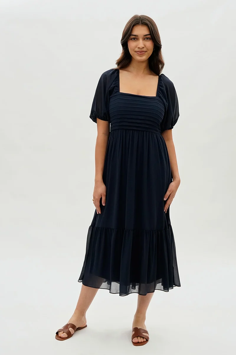 Pleated Puff Sleeve Midi Dress - Navy - Image 5