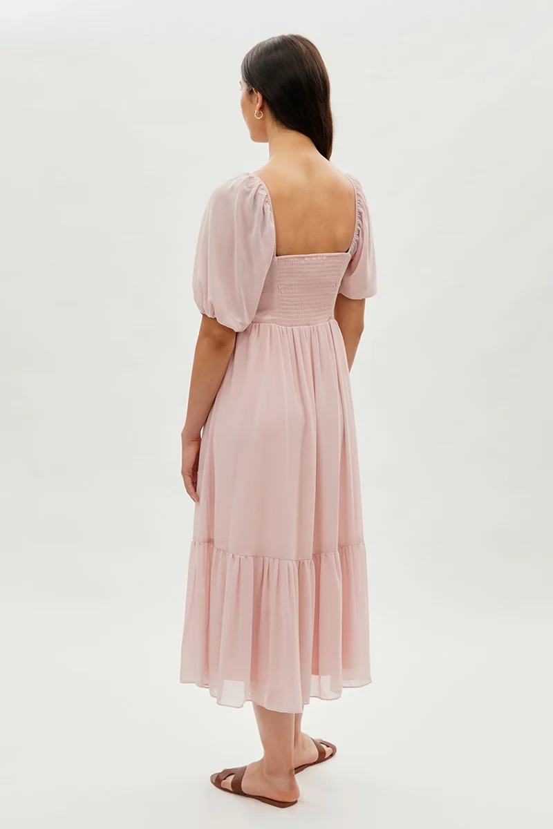 Pleated Puff Sleeve Midi Dress - Blush - Image 3