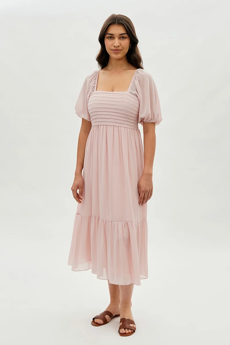 Pleated Puff Sleeve Midi Dress - Blush - Image 5