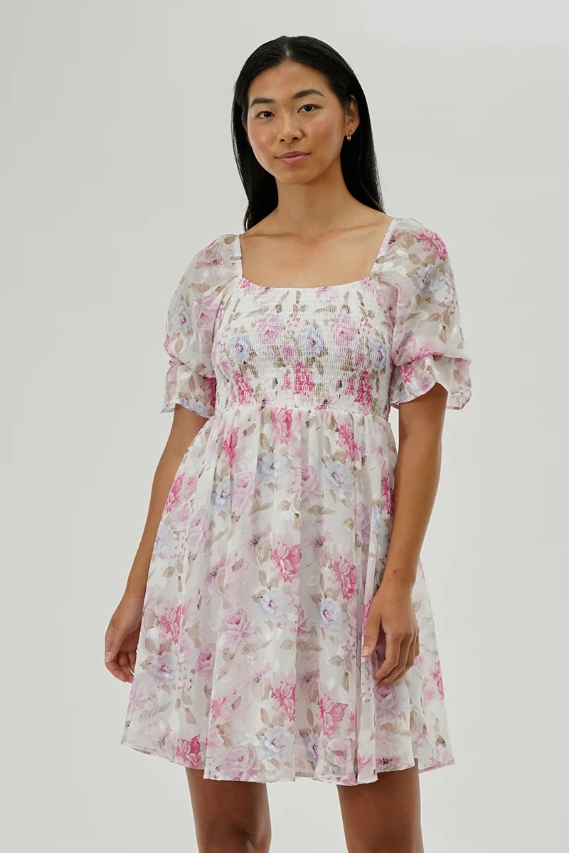 Floral Smocked Cocktail Dress - White