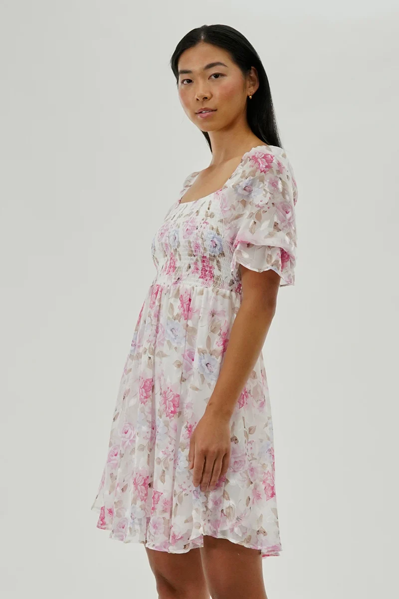 Floral Smocked Cocktail Dress - White - Image 2