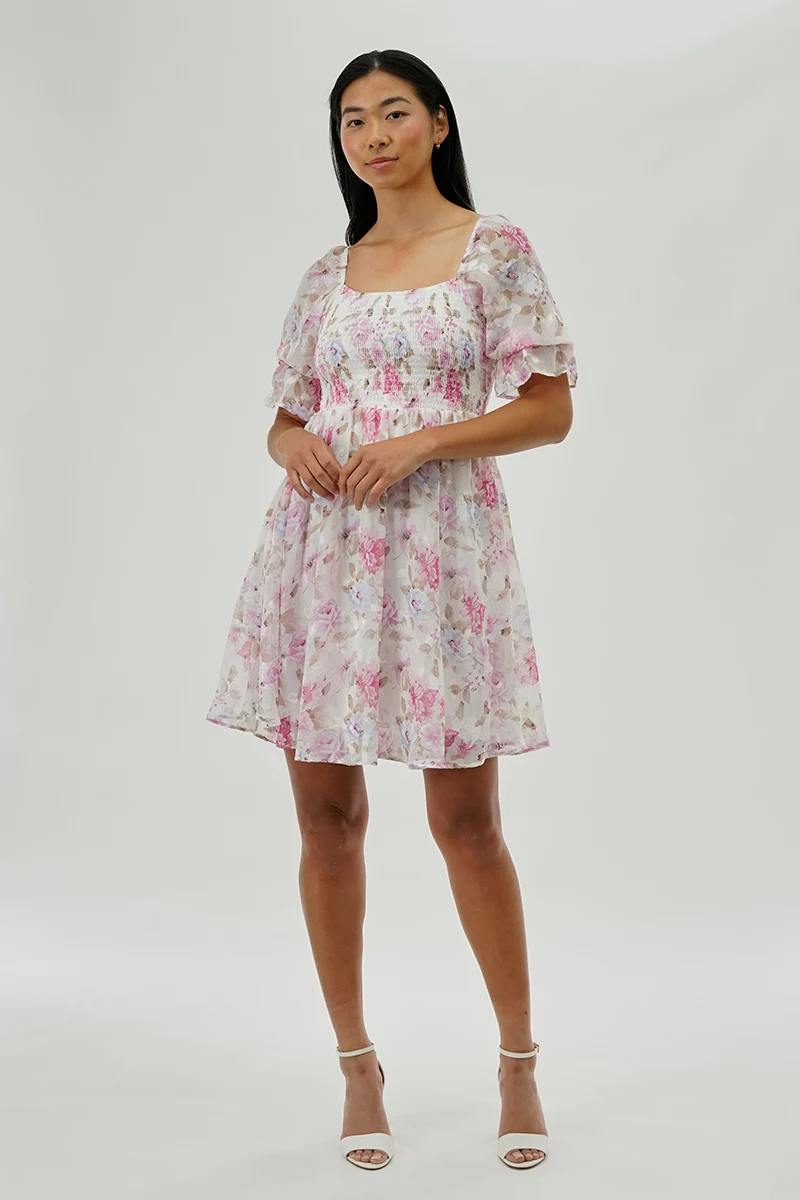 Floral Smocked Cocktail Dress - White - Image 5
