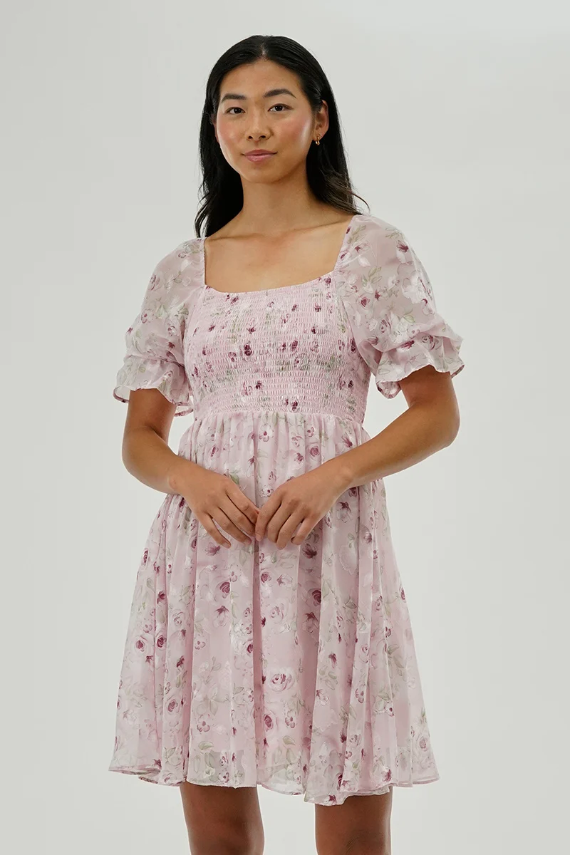 Floral Smocked Cocktail Dress - Pink