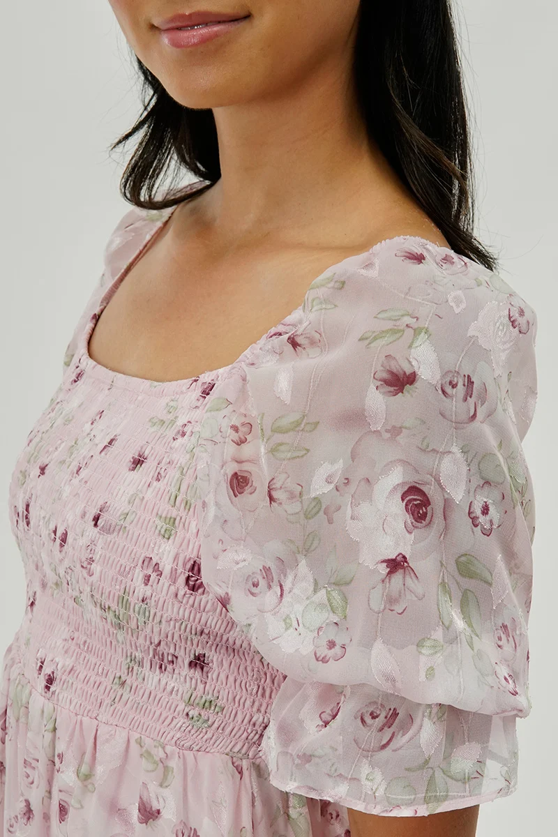 Floral Smocked Cocktail Dress - Pink - Image 4