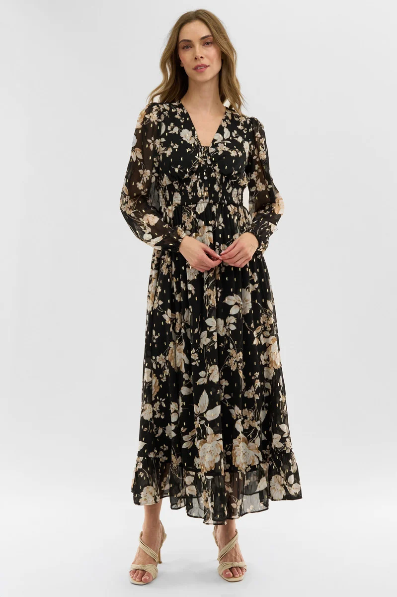 Floral Long Sleeve Chiffon Maxi Dress - Black
