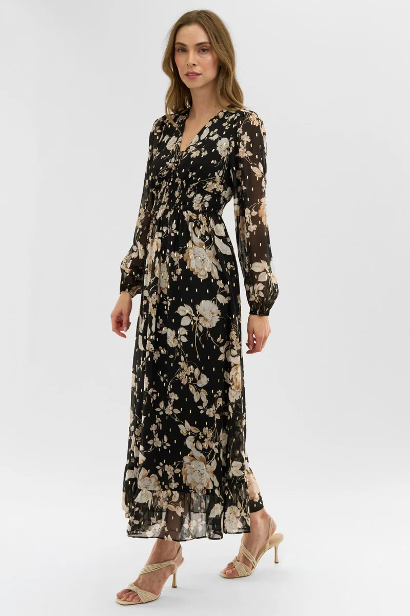 Floral Long Sleeve Chiffon Maxi Dress - Black - Image 2