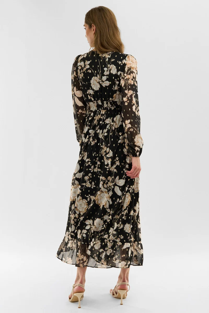 Floral Long Sleeve Chiffon Maxi Dress - Black - Image 3