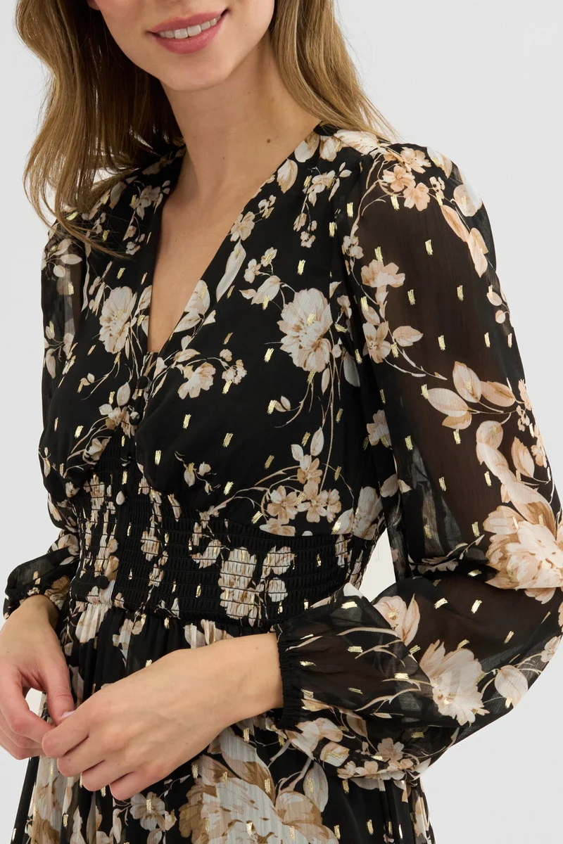 Floral Long Sleeve Chiffon Maxi Dress - Black - Image 4