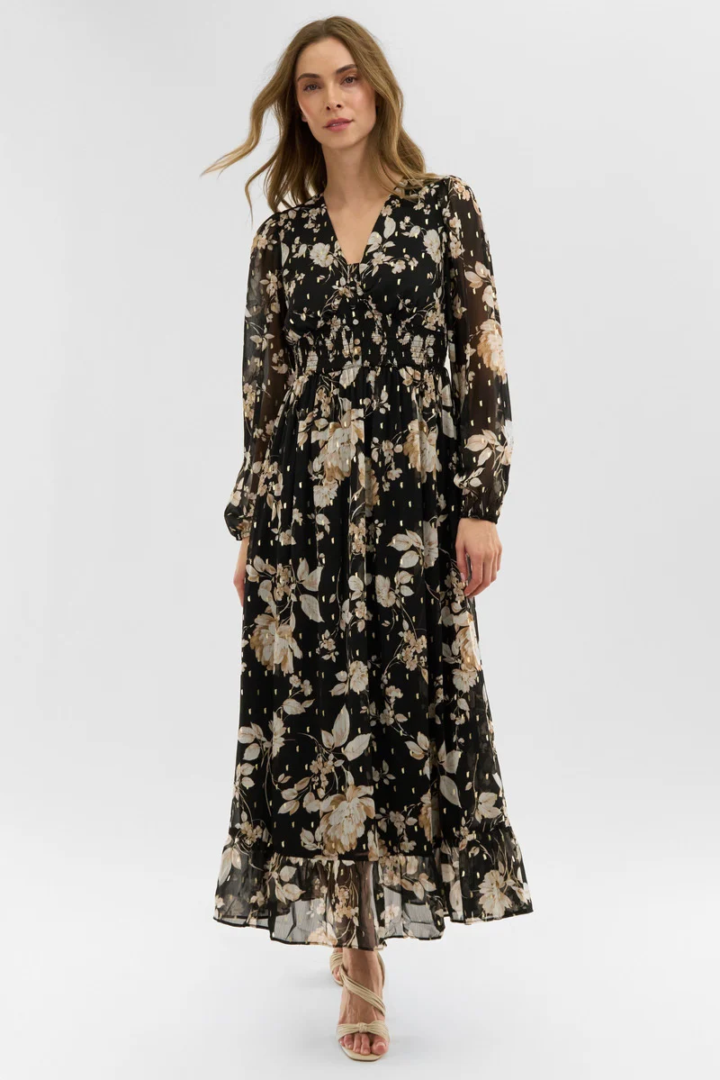 Floral Long Sleeve Chiffon Maxi Dress - Black - Image 5