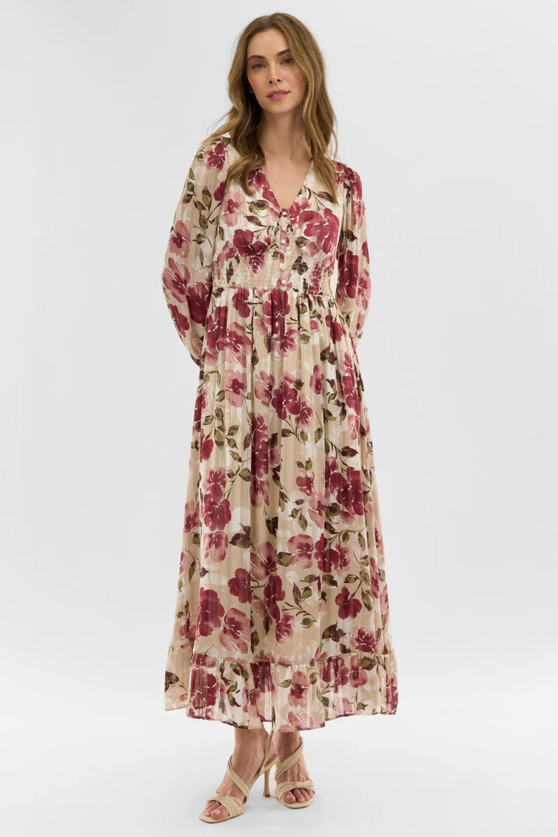 Floral Long Sleeve Chiffon Maxi Dress - Beige
