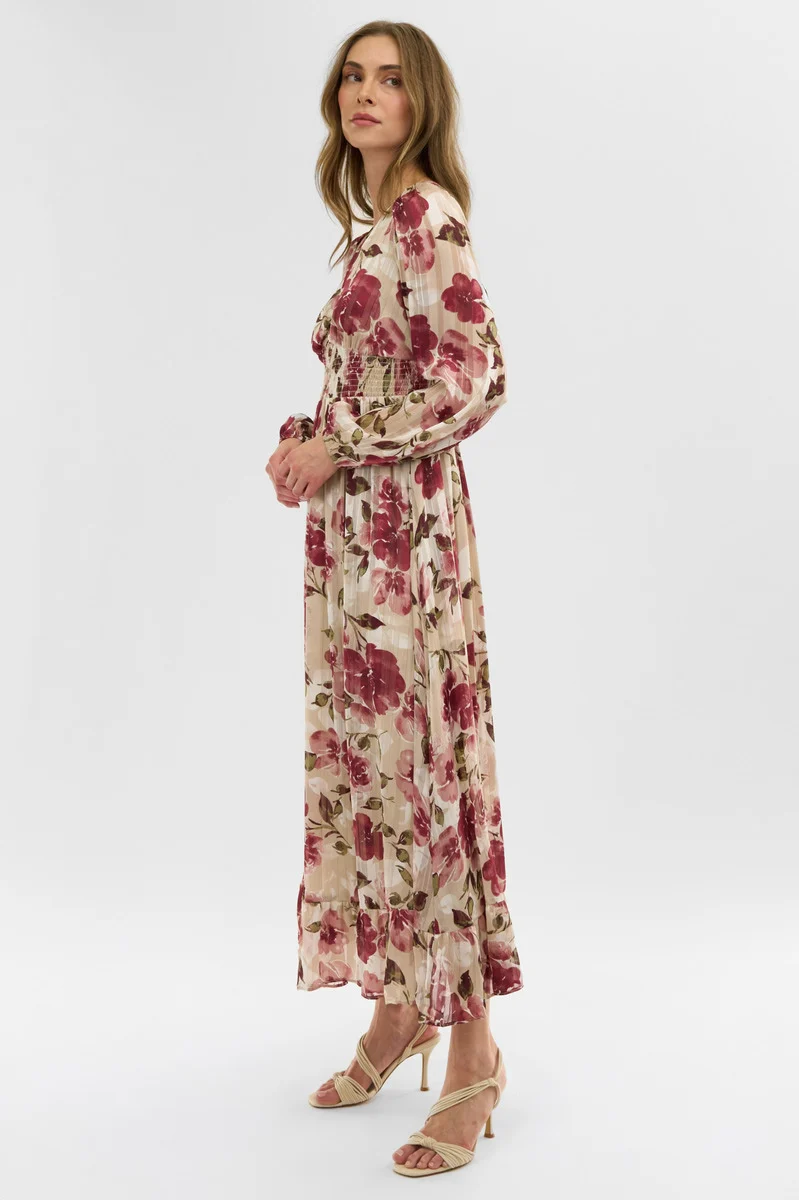 Floral Long Sleeve Chiffon Maxi Dress - Beige - Image 2