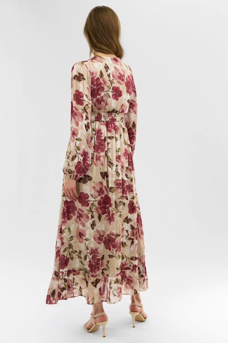 Floral Long Sleeve Chiffon Maxi Dress - Beige - Image 3