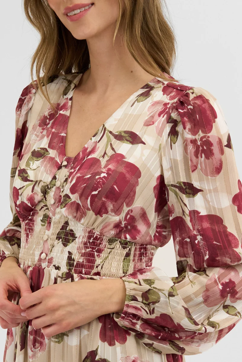Floral Long Sleeve Chiffon Maxi Dress - Beige - Image 4
