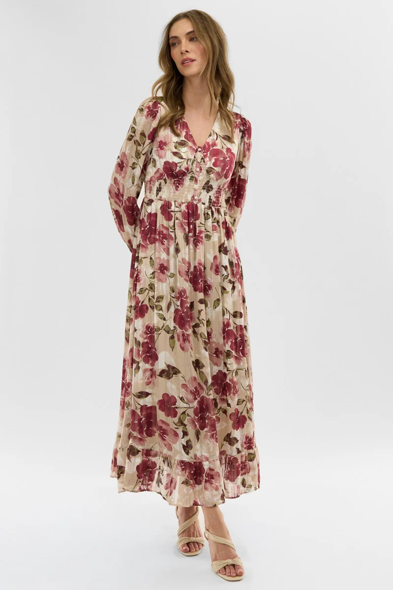 Floral Long Sleeve Chiffon Maxi Dress - Beige - Image 5