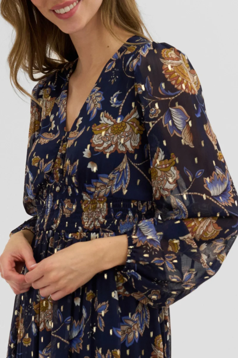 Floral Long Sleeve Chiffon Maxi Dress - Navy - Image 4