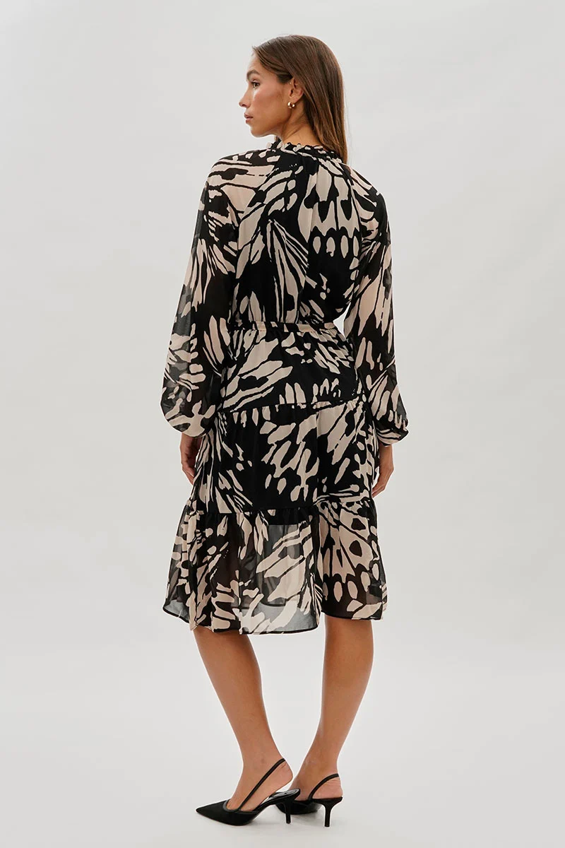 Long Sleeve Belted Midi Dress - Black - Image 3