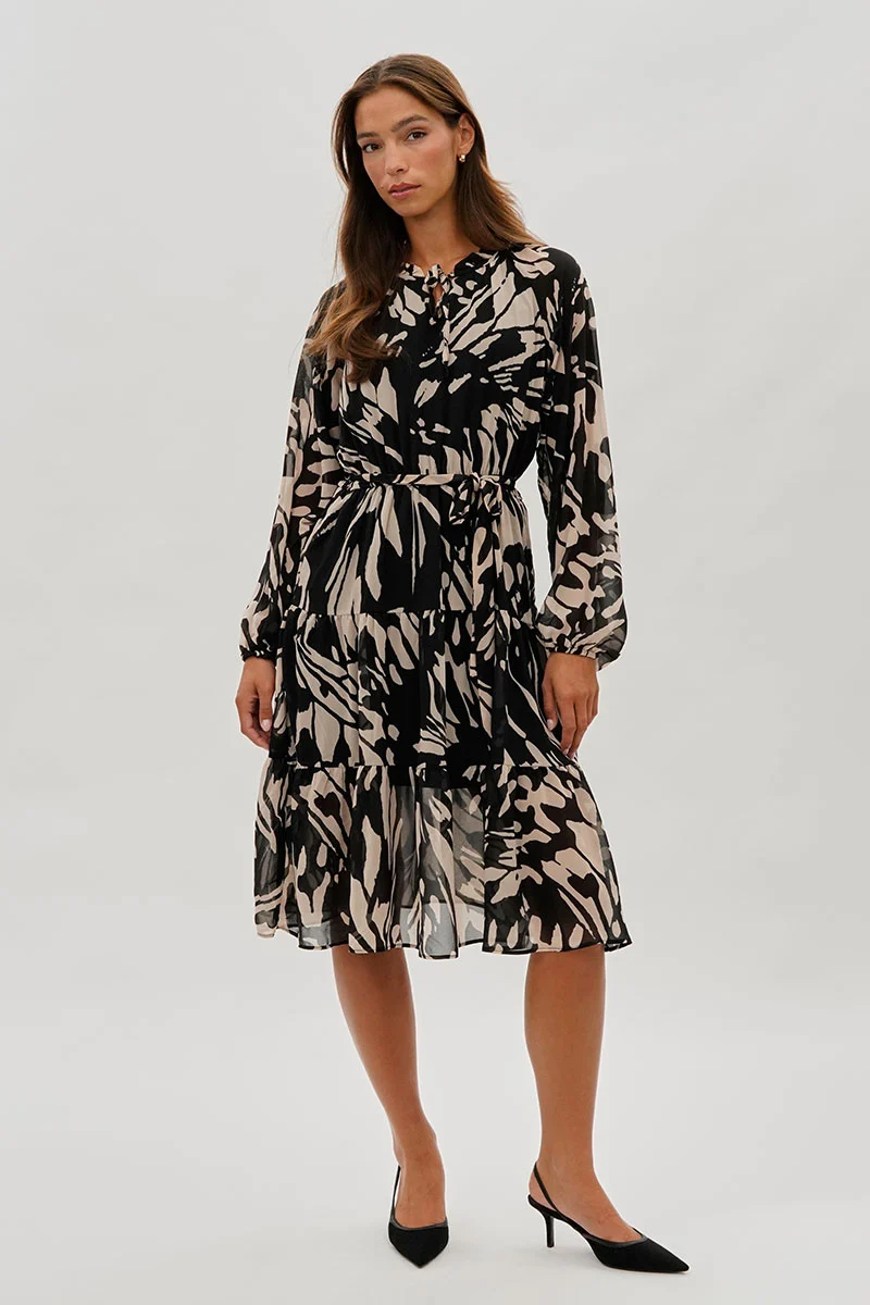 Long Sleeve Belted Midi Dress - Black - Image 5