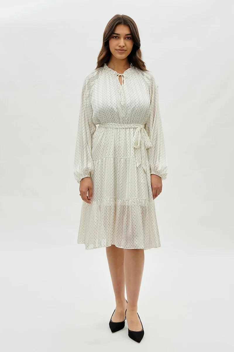 Polka Dot Long Sleeve Day Dress - White - Image 5