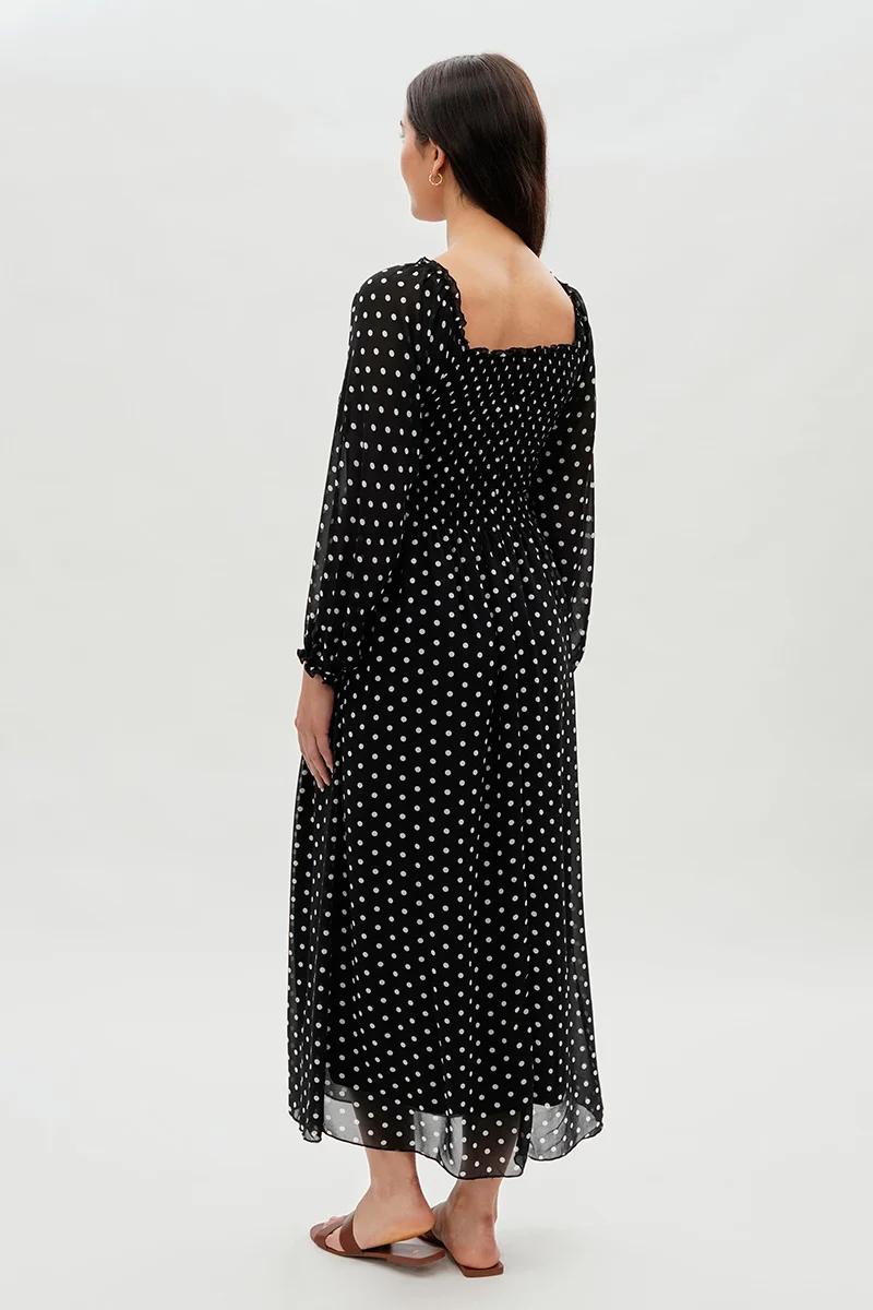 Polka Dot Smocked Long Sleeve Maxi Dress - Black - Image 3