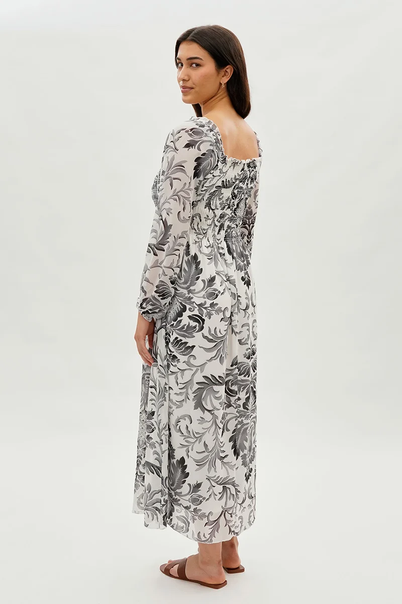 Floral Smocked Long Sleeve Maxi Dress - Grey - Image 3