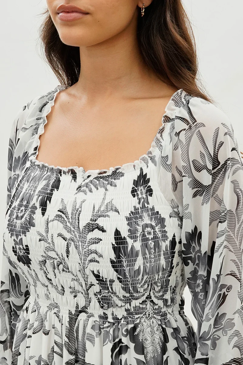 Floral Smocked Long Sleeve Maxi Dress - Grey - Image 4