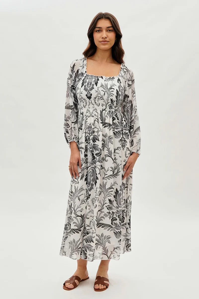 Floral Smocked Long Sleeve Maxi Dress - Grey - Image 5