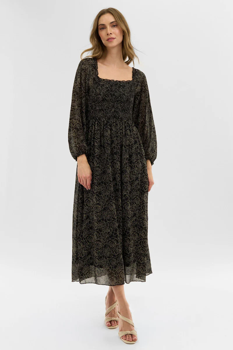 Floral Long Sleeve Smocked Maxi Dress - Black
