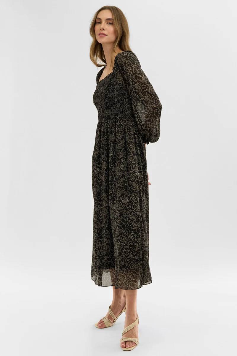 Floral Long Sleeve Smocked Maxi Dress - Black - Image 2