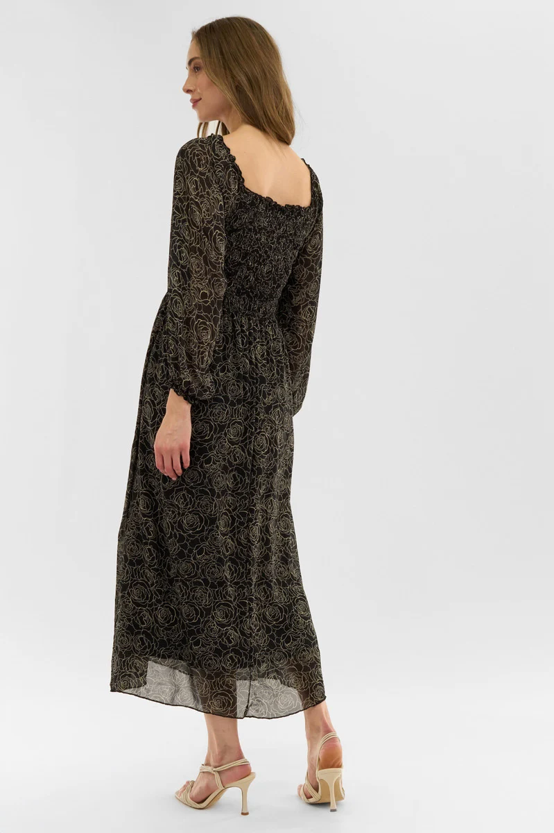 Floral Long Sleeve Smocked Maxi Dress - Black - Image 3