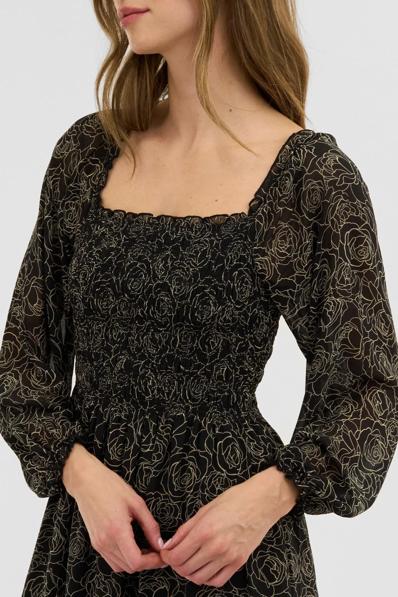 Floral Long Sleeve Smocked Maxi Dress - Black - Image 4