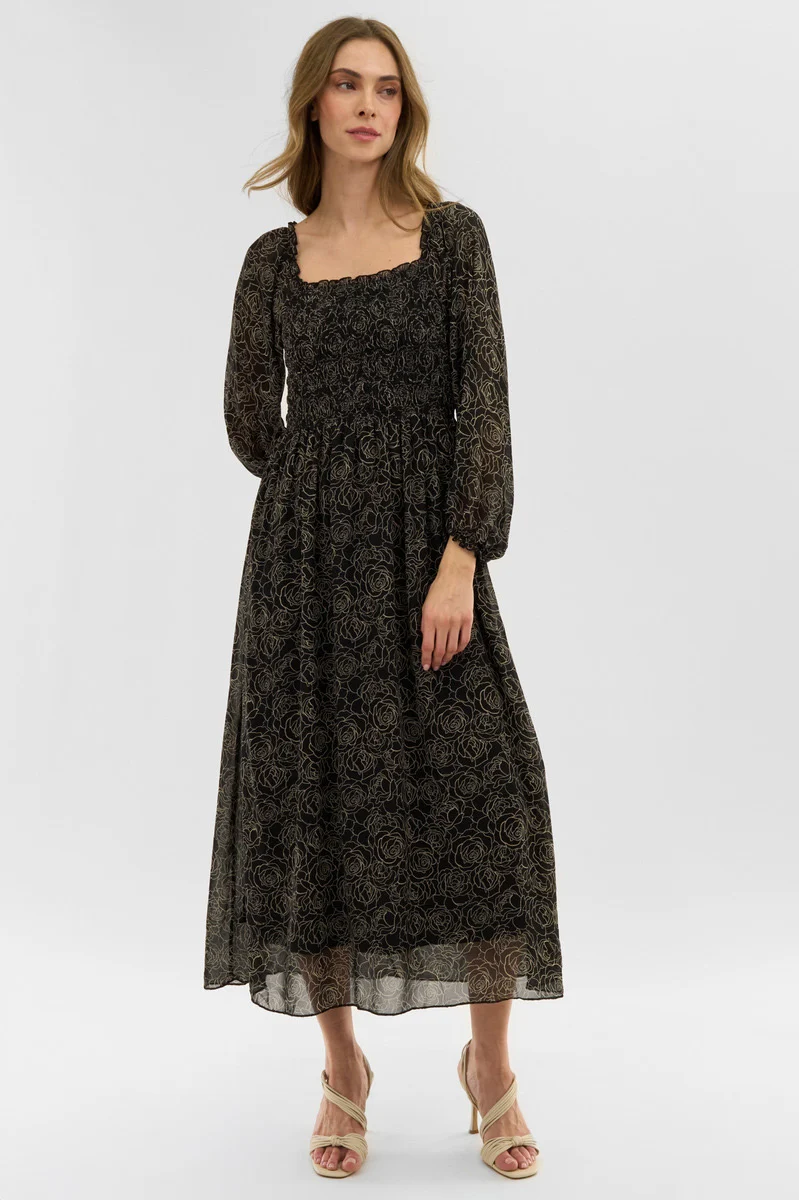 Floral Long Sleeve Smocked Maxi Dress - Black - Image 5
