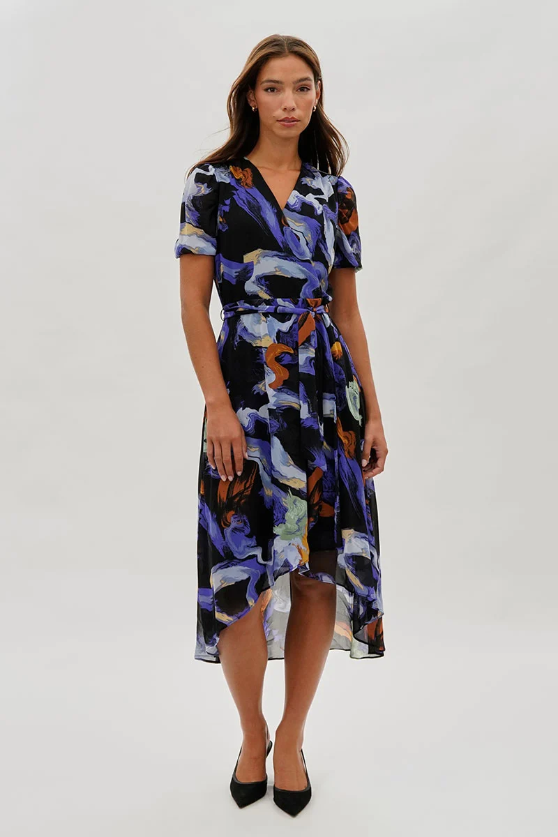 Patterned Crossover Midi Dress - Black