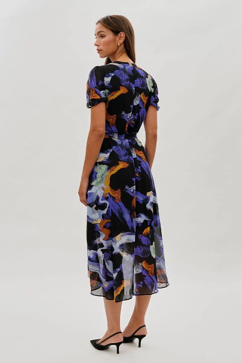 Patterned Crossover Midi Dress - Black - Image 3