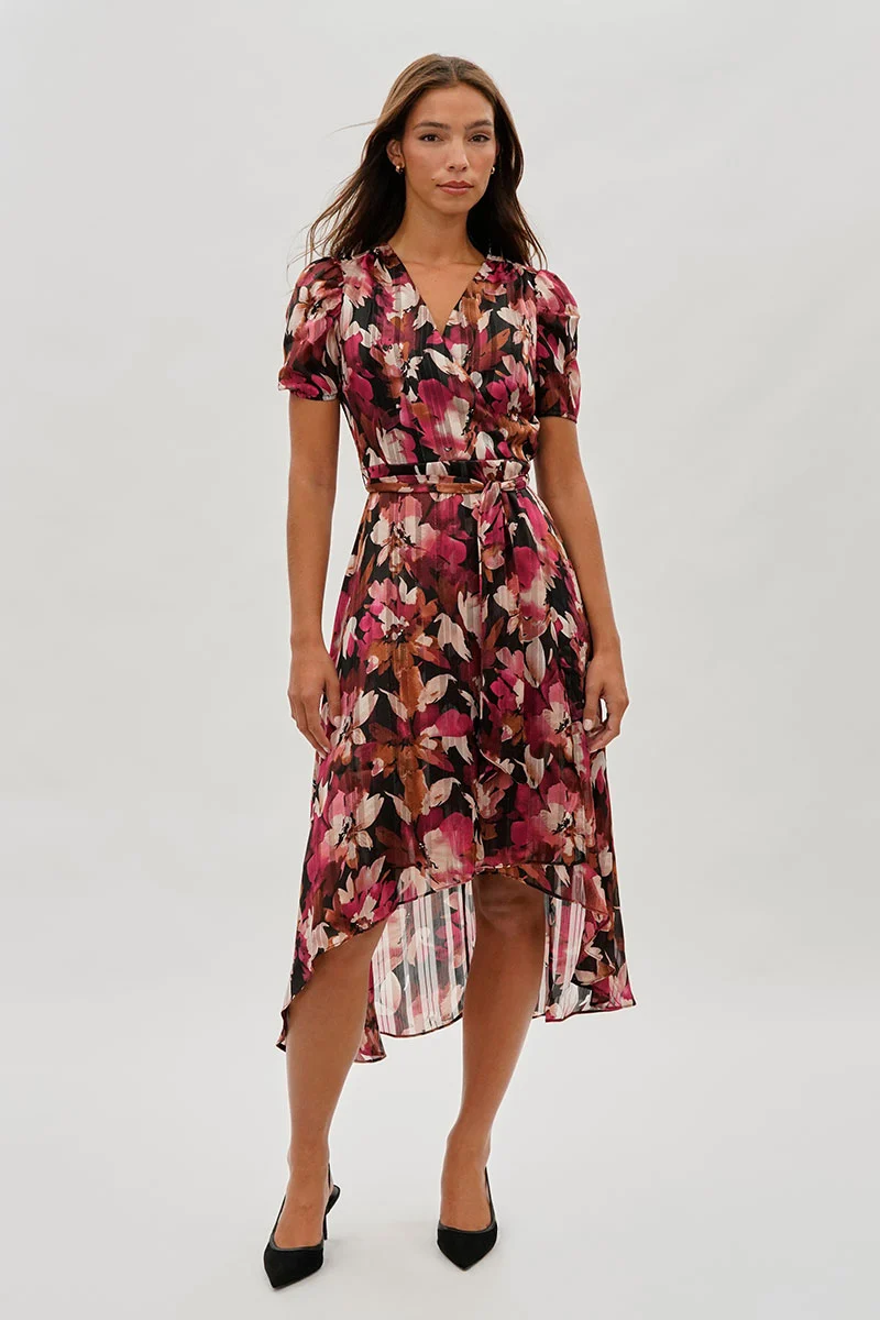 Floral Crossover Midi Dress - Burgundy