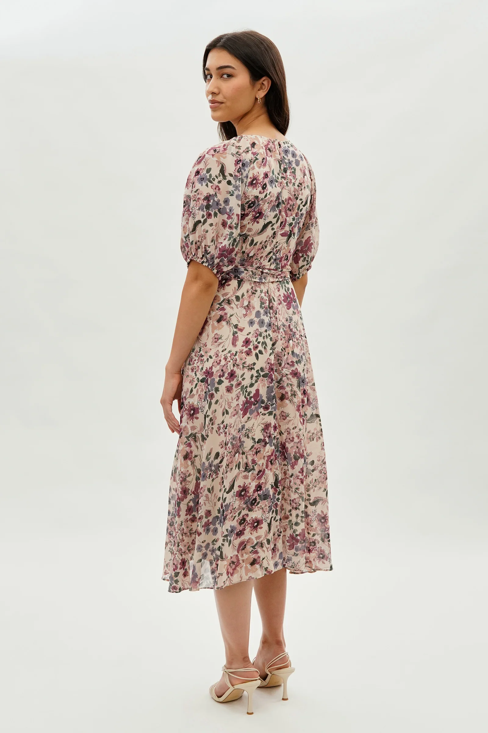 Floral Short Sleeve Midi Dress - Beige - Image 3