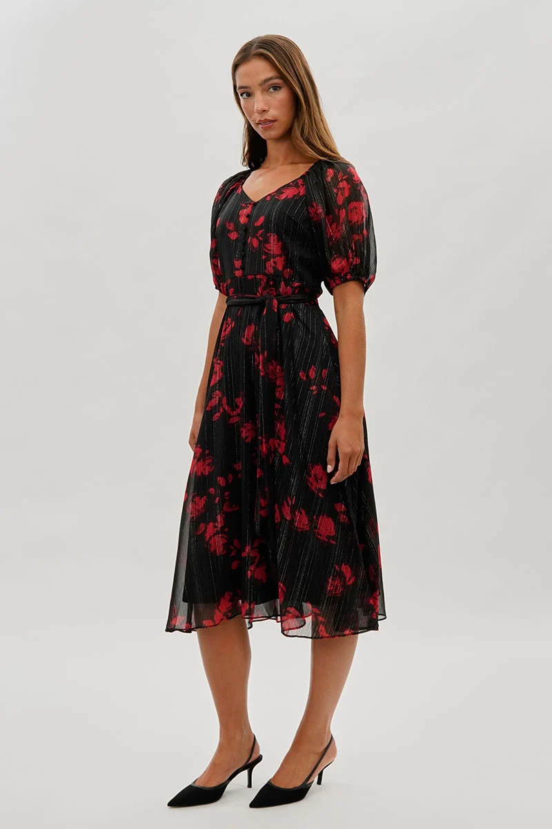 Floral Puff Sleeve Midi Dress - Black - Image 2
