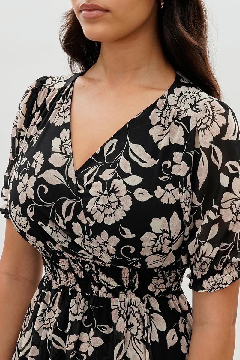 Floral Smocked Waist Hi-Lo Maxi Dress - Black - Image 4