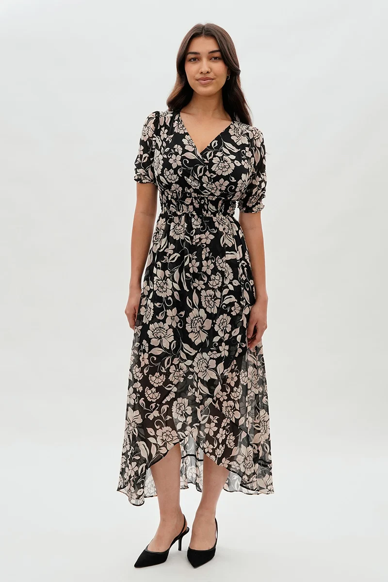 Floral Smocked Waist Hi-Lo Maxi Dress - Black - Image 5
