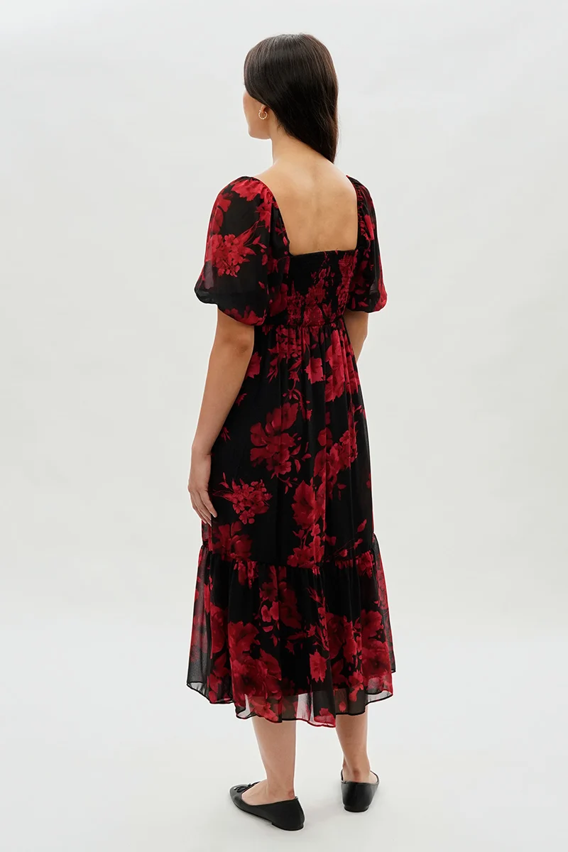 Pleated Square Neck Midi Dress - Black - Image 3