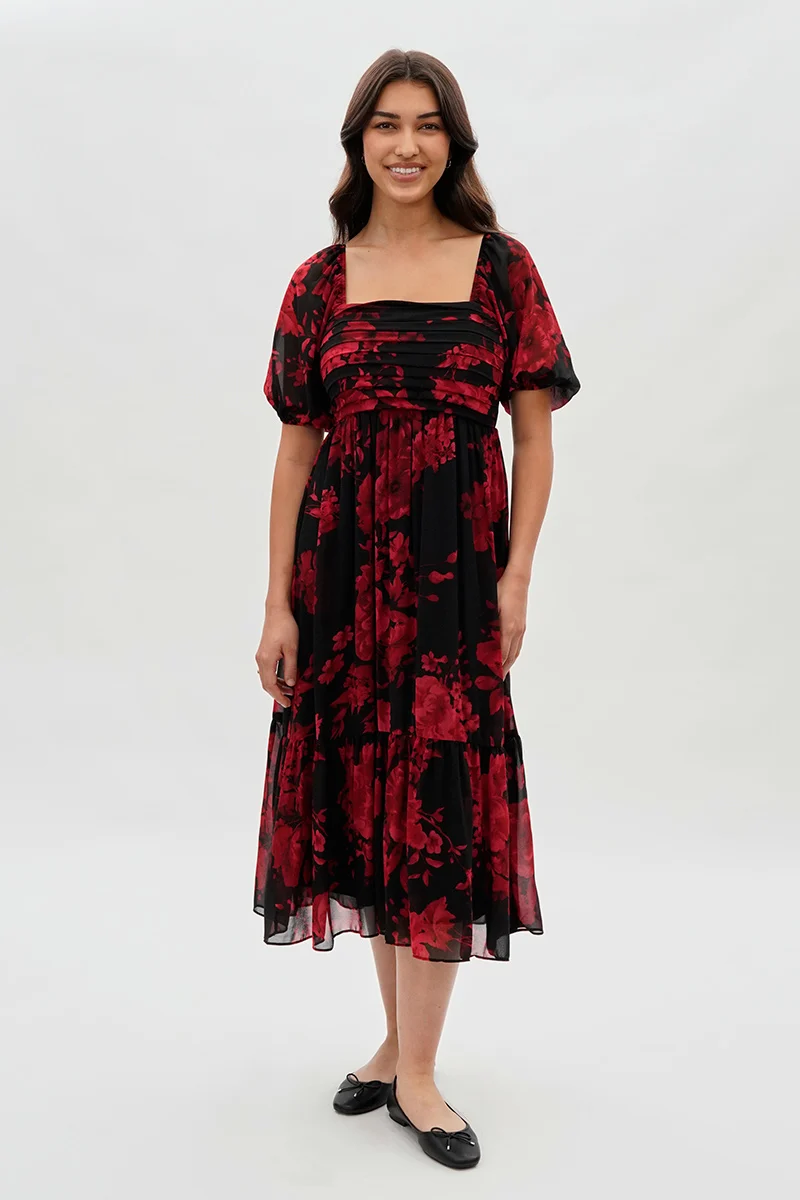 Pleated Square Neck Midi Dress - Black - Image 5