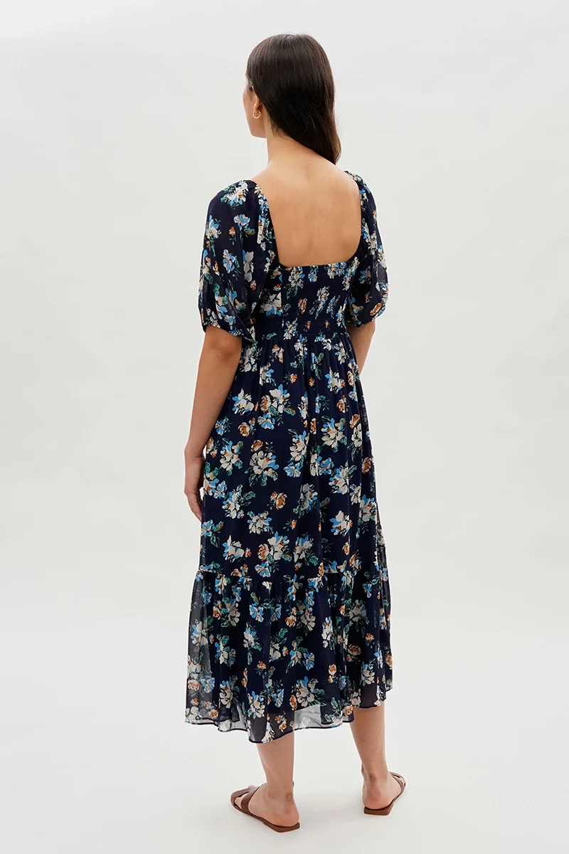 Pleated Square Neck Midi Dress - Navy - Image 3