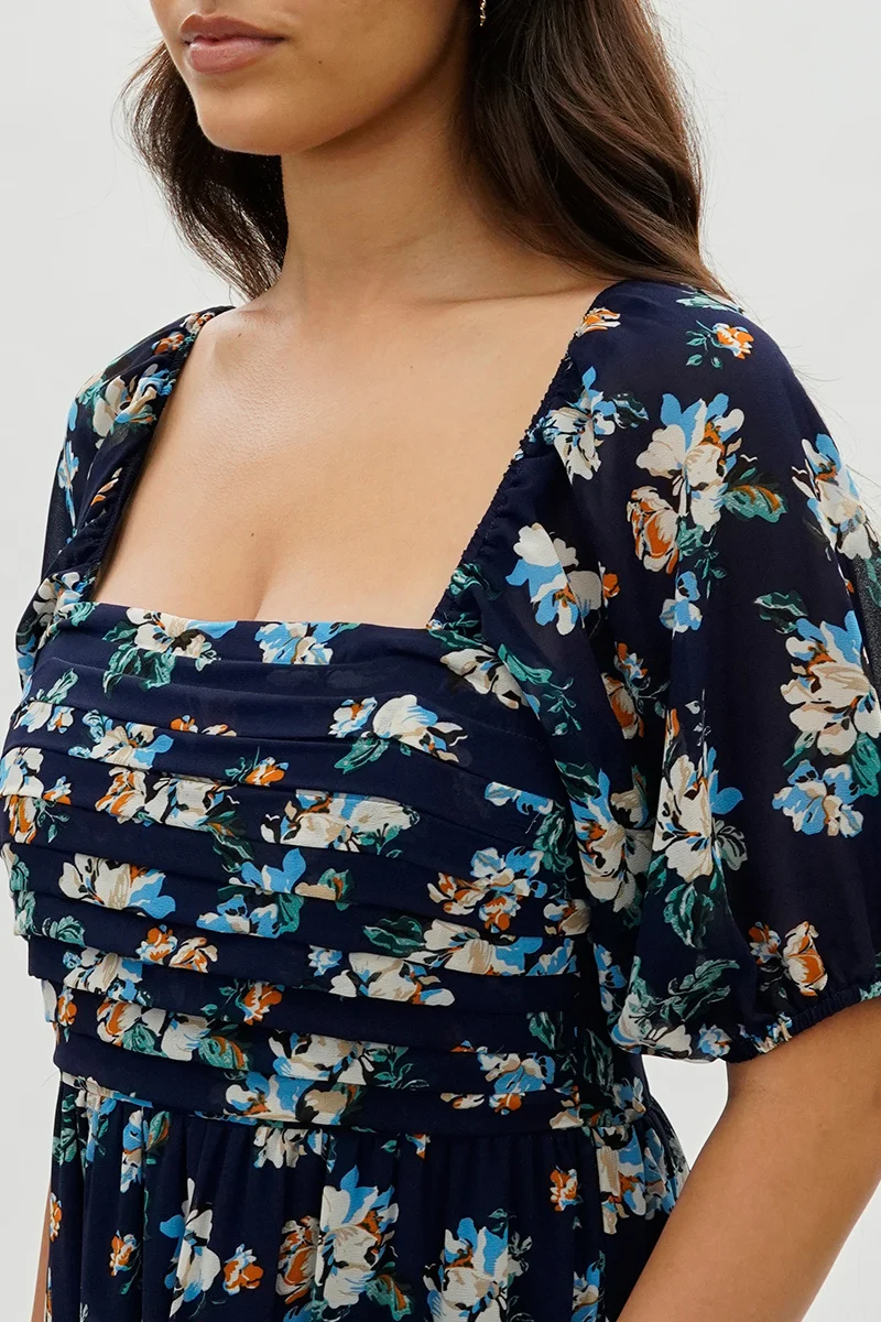 Pleated Square Neck Midi Dress - Navy - Image 4